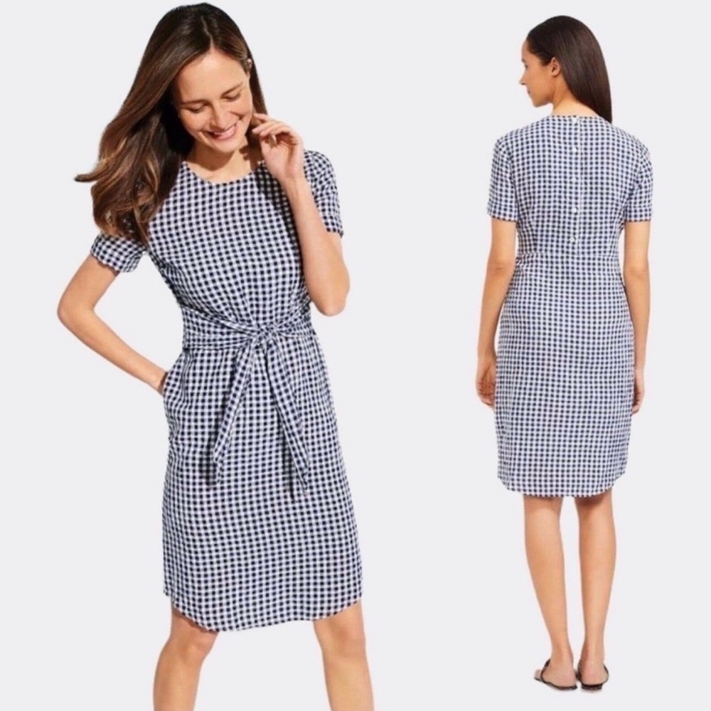J McLaughlin Sadie Tie Waist Gingham Navy Linen Cotton Dress size 12